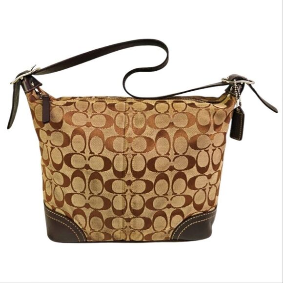 VTG COACH CC SIGNATURE CANVAS GENUINE LEATHER BROWN SHOULDER BAG HANDBAG PURSE